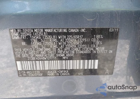 2011 Toyota Rav4 z USA, uszkodzony, nr VIN 2T3BF4DV4BW127711
